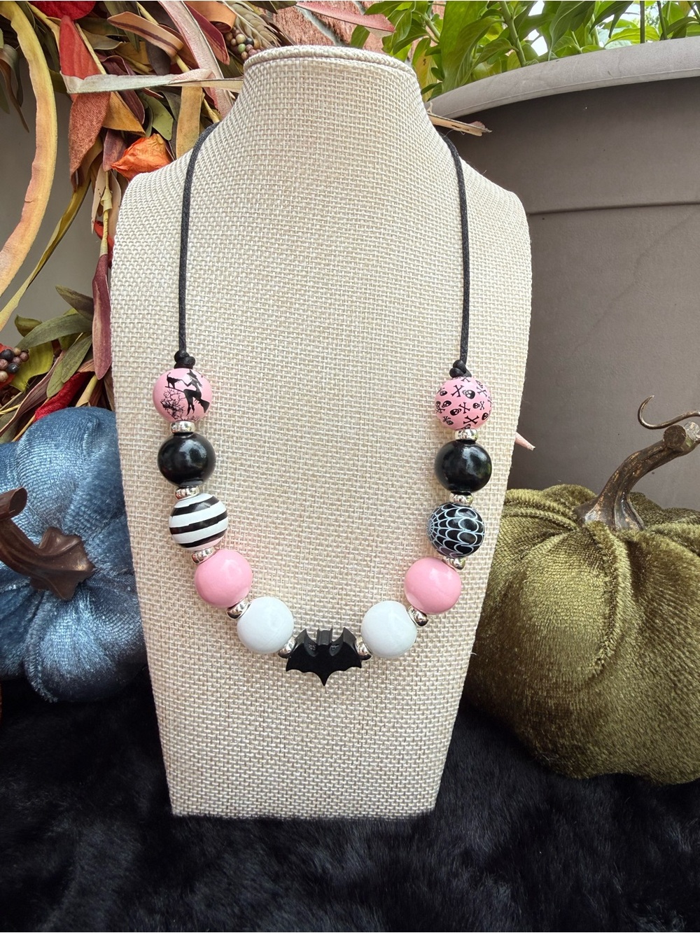 Halloween Bougie Bat Bubblegum Wood Necklace